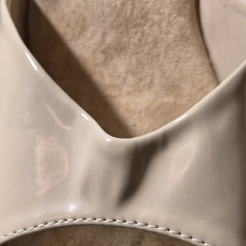 Pleaser Beige Patent Platform Sandals with Ankle Strap - Picture 9 of 11